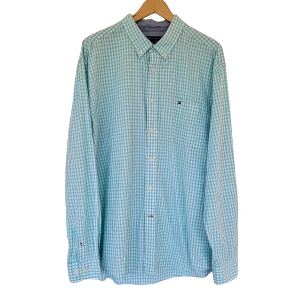 Tommy Hilfiger Long Sleeve Check Button Down Shirt Mens XL Teal Blue Classic Fit